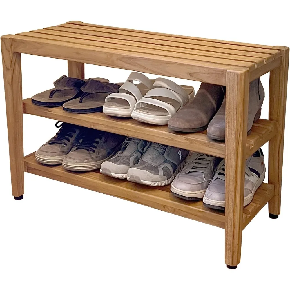 

Asta Select Solid Teak 27 Shoe Rack Bench, Teak Entryway Bench, 3-Tier Shoe Storage Organizer, for Entryway, Bedroom, Bathroom a