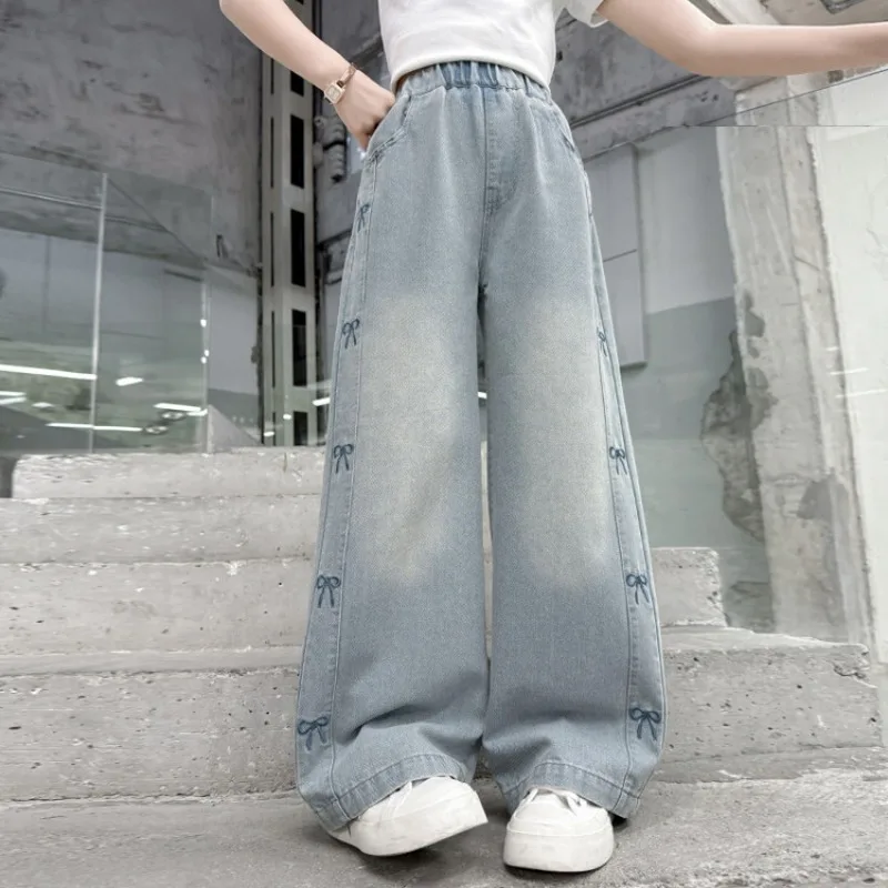 

2026 Girls Loose Wide-leg Jeans Trousers Children's Bow Embroidery Straight Denim Pants Teens Spring Autumn Casual Clothing
