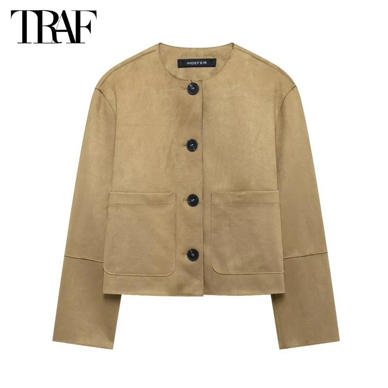 TRAF 2024 Suede Jacket Women Autumn Button Outerwears Long Sleeve Oversized Jackets for Women Streetwear Casual Overcoat Female