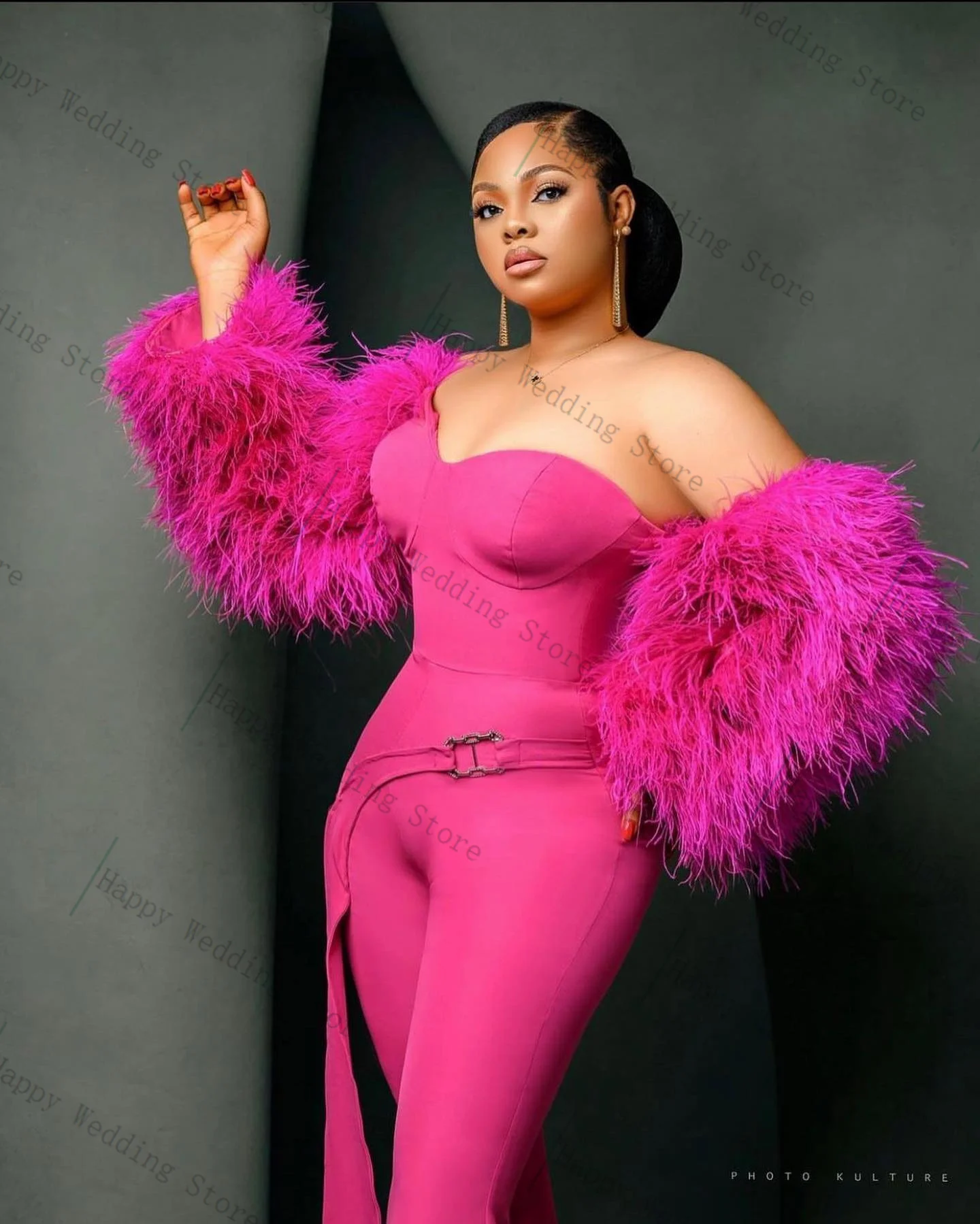 

Hot Pink Feather Women Suit Set 2 Piece Top Bra Pants Trousers Long Stripe Autumn Cotton Formal Office Lady Customized Prom Coat