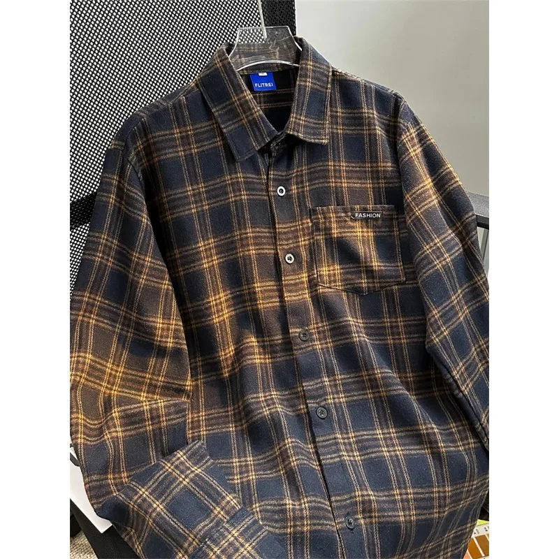 

Men's Plaid Long Sve Casual irt Loose Fit Vintage Outerwear Brued Versatile Button-Down for Spring Autumn