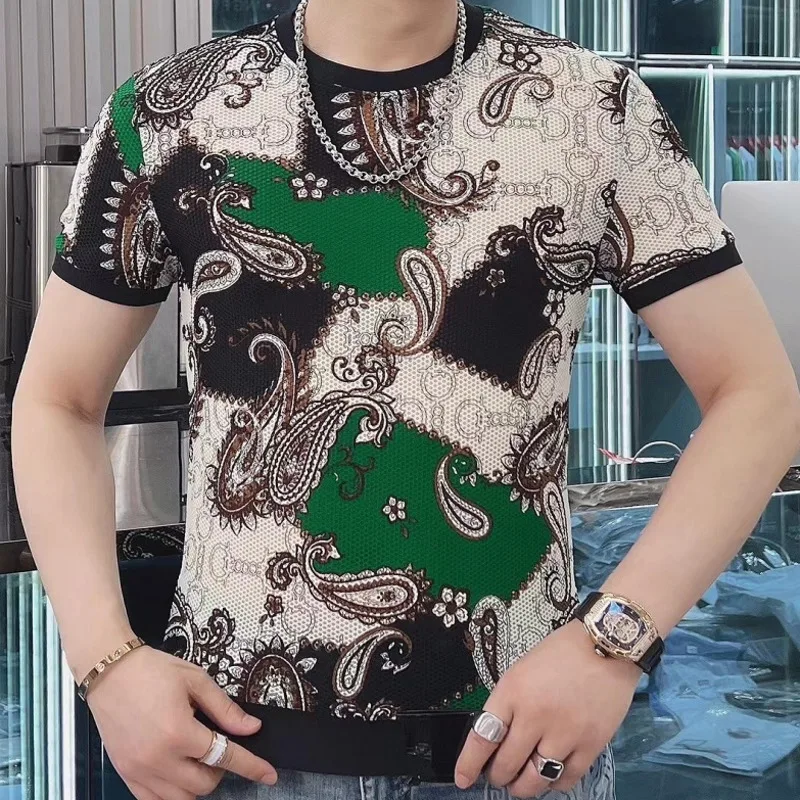 2023 Summer Ice Silk Mesh Paisley Print Men T Shirt European Men Fancy Korean Slim T-shirt Strechy Short Sleeve Camiseta Hombre