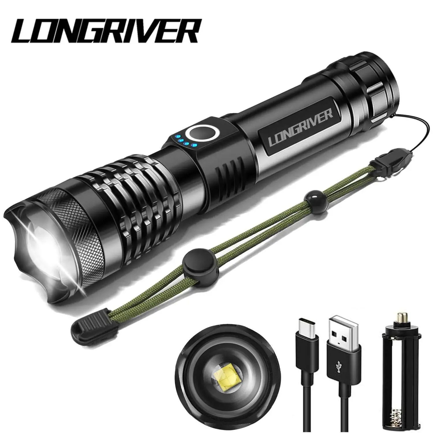 

LONGRIVER High Power LED Flashlight P50 Portable Telescopic Zoom Waterproof Lantern Emergency Spotlight Outdoor Camping Torch