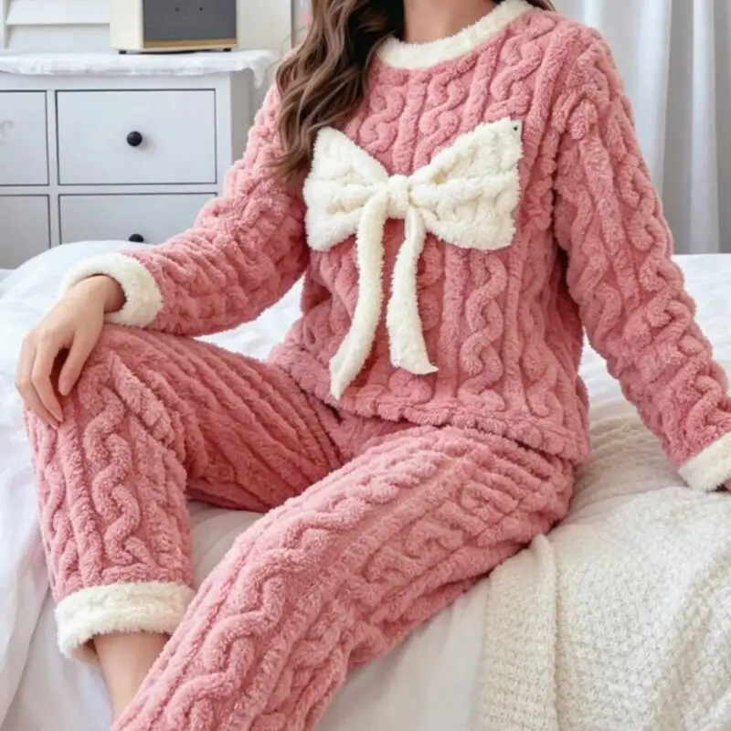 Elegant Women Winter Autumn Sleepwear Pajamas Set 2Pcs Flannel Tops7Pants Nightwear Bow Long Sleeve Home Wear Loungewear