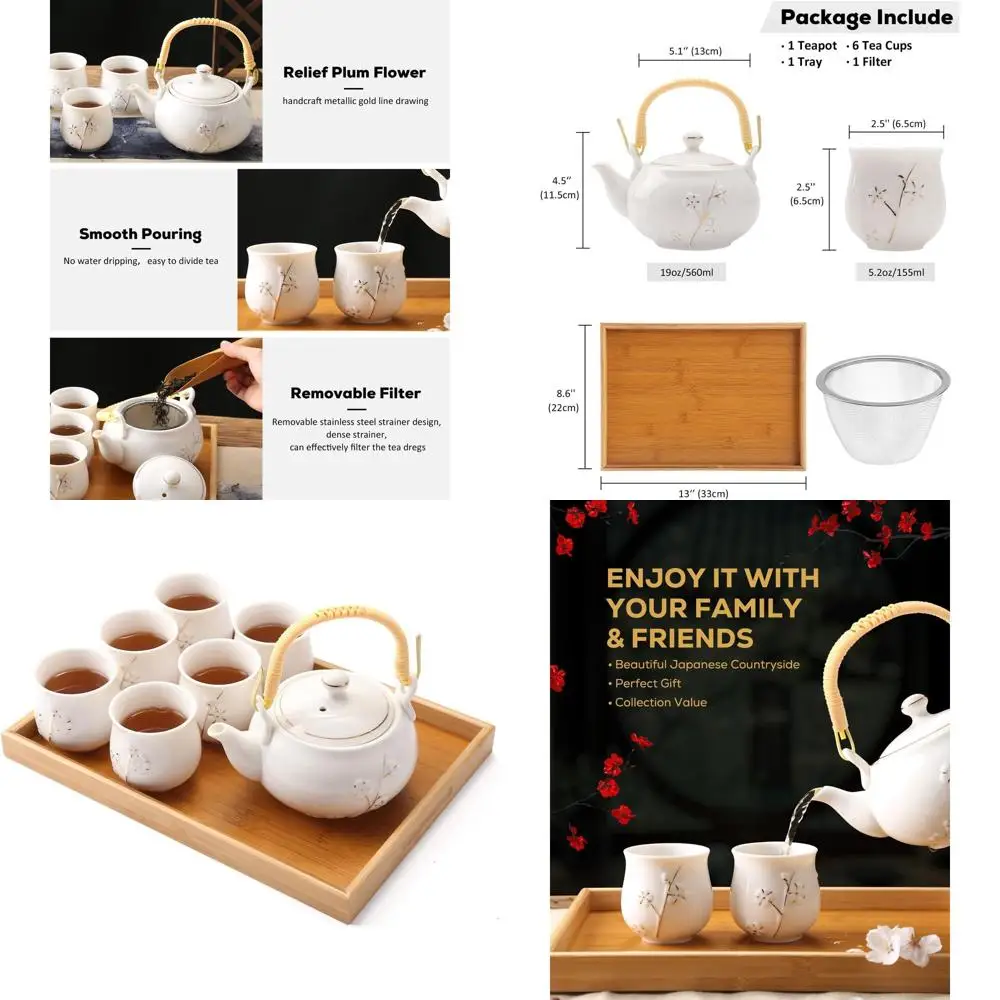 

Elegant White Porcelain Japanese Tea Set with 1 Teapot, 6 Cups, 1 Tray, Stainless Infuser, Ideal for Tea Enthusiasts