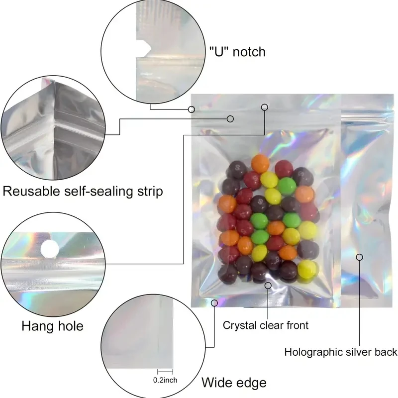 50 Stück holografische, wiederverschließbare Mylar-Beutel mit Reißverschluss für Süßigkeiten, Tee, Schmuck, Schönheitsartikel. Silberfarben, drei Größen – Detail 2