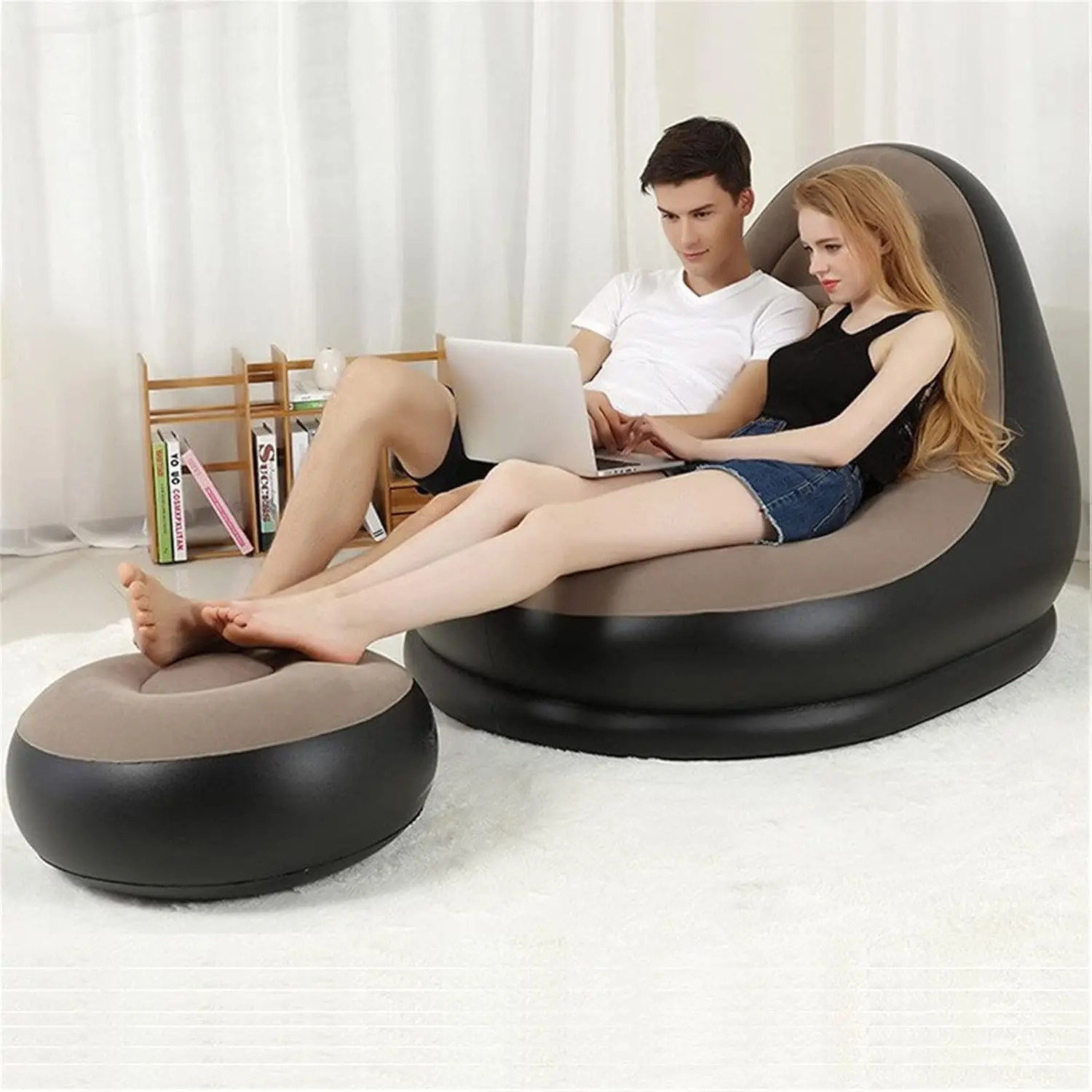Thickened lazy inflatable sofa, foldable lounge chair, outdoor sofa with footrest combination, lazy sofa, plush sofa