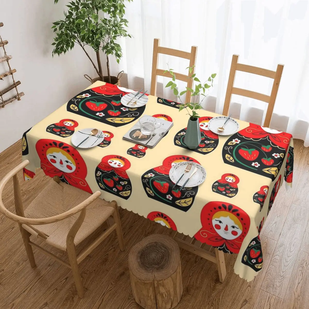 Matryoshka Red Pattern Custom Rectangular Tablecloth Waterproof Table Cover for Festival Party Decorations Table Cloth