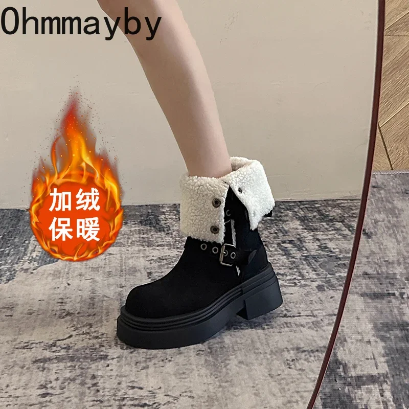 2025 outono inverno feminino quente de pelúcia botas modernas moda fivela de cinto sapatos de salto grosso causal mulher algodão meados de bezerro botas