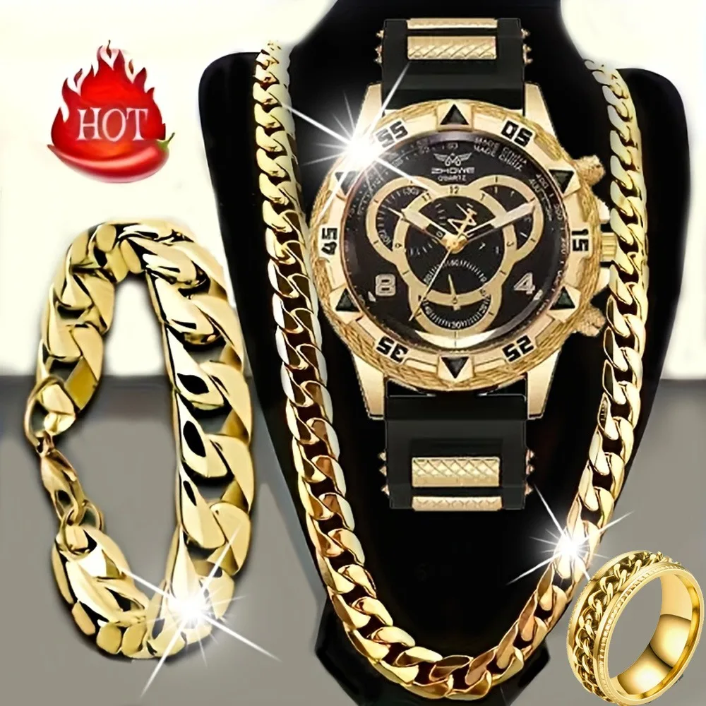 4‑Piece Luxury Men’s Watch and Jewelry Set, Includes Necklace, Bracelet, Ring & Minimalist Quartz Wristwatch