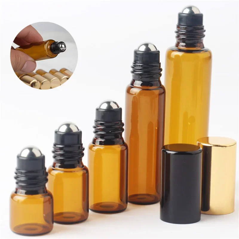 10pcs 1/2/3/5/10ml Amber Glass Steel Roller Balls Bottles Mini Roll On Essential Oil Refillable Containers Empty Parfum Bottles