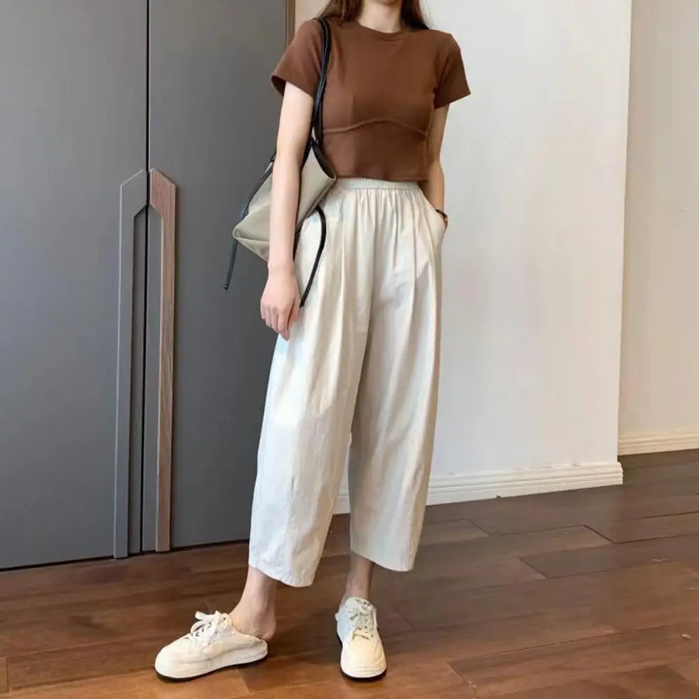 

Elastic Waist Trousers Wide Leg Women's Harem Pants Elastic Waist Adjustable Drawstring Multi-pocketed Trousers for A Stylish