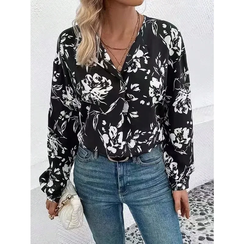 حجم كبير 1XL-5XL جديد المرأة قميص مطبوع ربيع الخريف قمصان طويلة الأكمام موضة الخامس الرقبة أنيقة النساء البلوزات الإناث