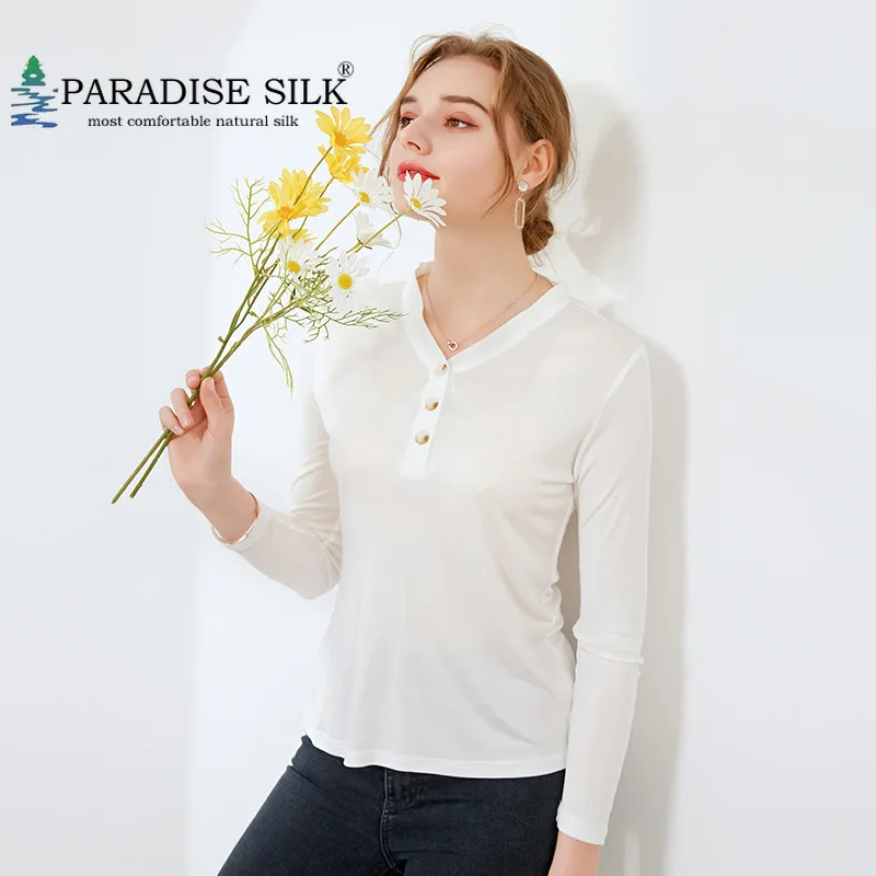 Womens T Shirt Natural Silk Shirt V Neck with Button Long Sleeve Top Bottoming Shirts Size L XL 2XL 3XL