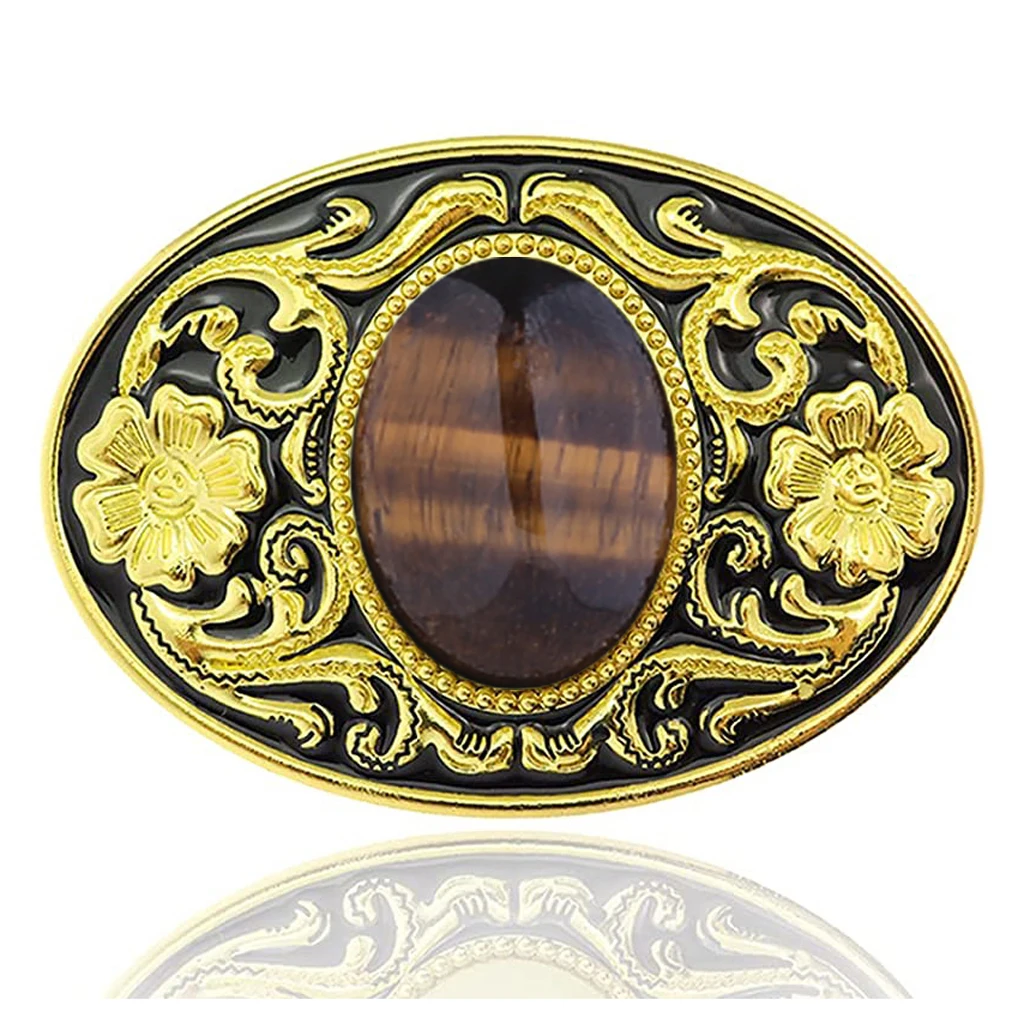 Gold alloy floral pattern natural stone belt buckle jeans accessories