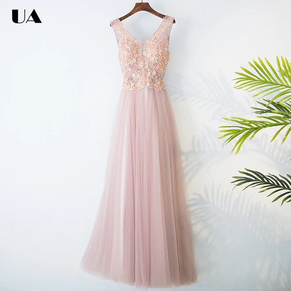 

ULBYANRY Customized A-line V-neck Strapless Evening Dress, Elegant Mesh Appliques Party Dress, Formal Sleeveless Prom Dress