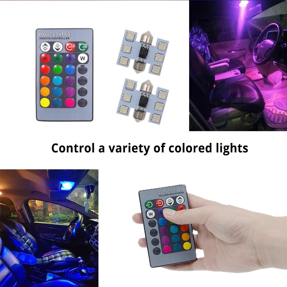 2PCS T10 RGB Car Led Light C5W 5050 6SMD 12V 31mm Festoon Dome Door Color Lemote Controller Reading Lamp Roof Trunk Wedge Bulb