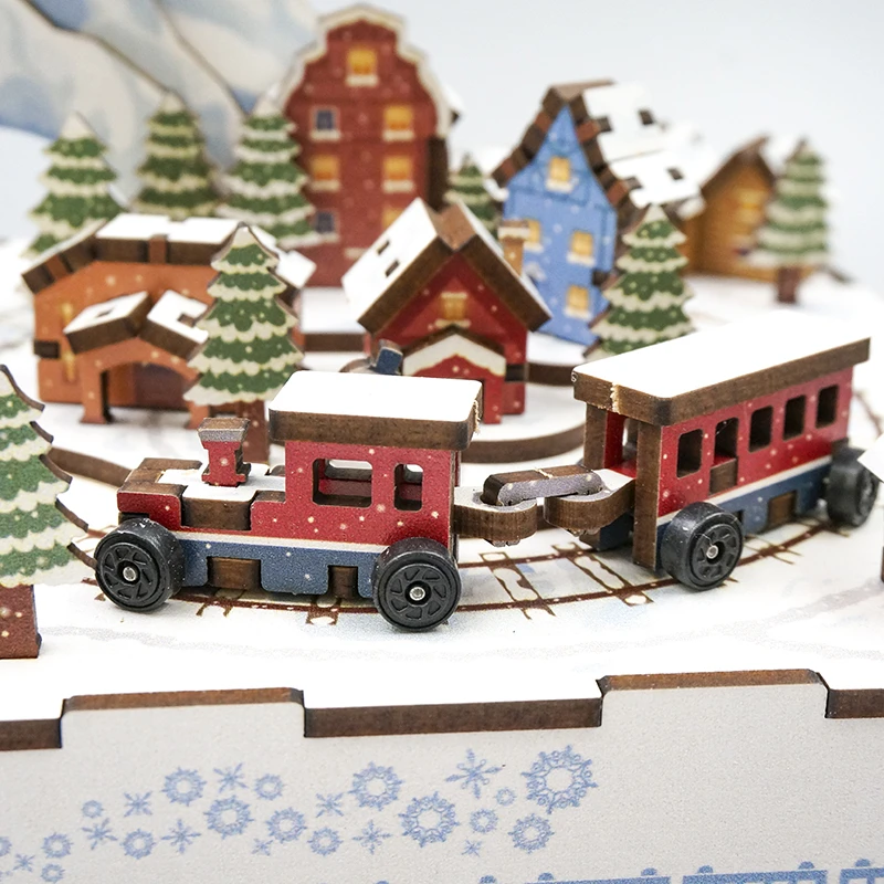 DIY Wooden Snow Country Train Music Box City Street View 3D Puzzles Model Building Kits Toys for Children Christmas Gifts