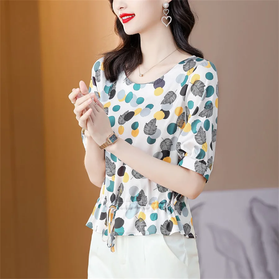 Woman Summer Style Blouses Shirts Lady Casual Short Sleeve O-Neck Polka Dot Printed Blusas Tops DF4585