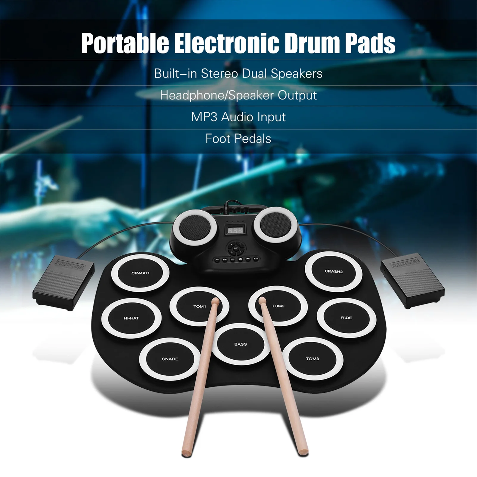 

Portable Roll Up Electronic Drum Pad Silicon Digital Drum with Built in Speakers Foot Pedals Headphone Monitoring Colorful Light