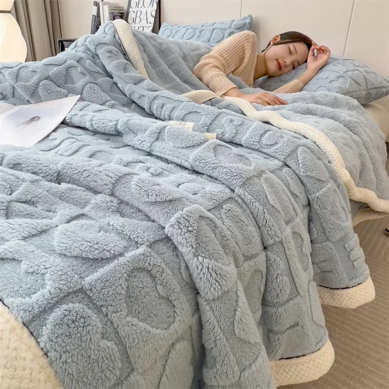 Knitted Heart Pattern Warm Throw Blankets Winter Soft Comfortable Double Sided Plush Thick Coral Velvet Blanket for Bed Safa Cow