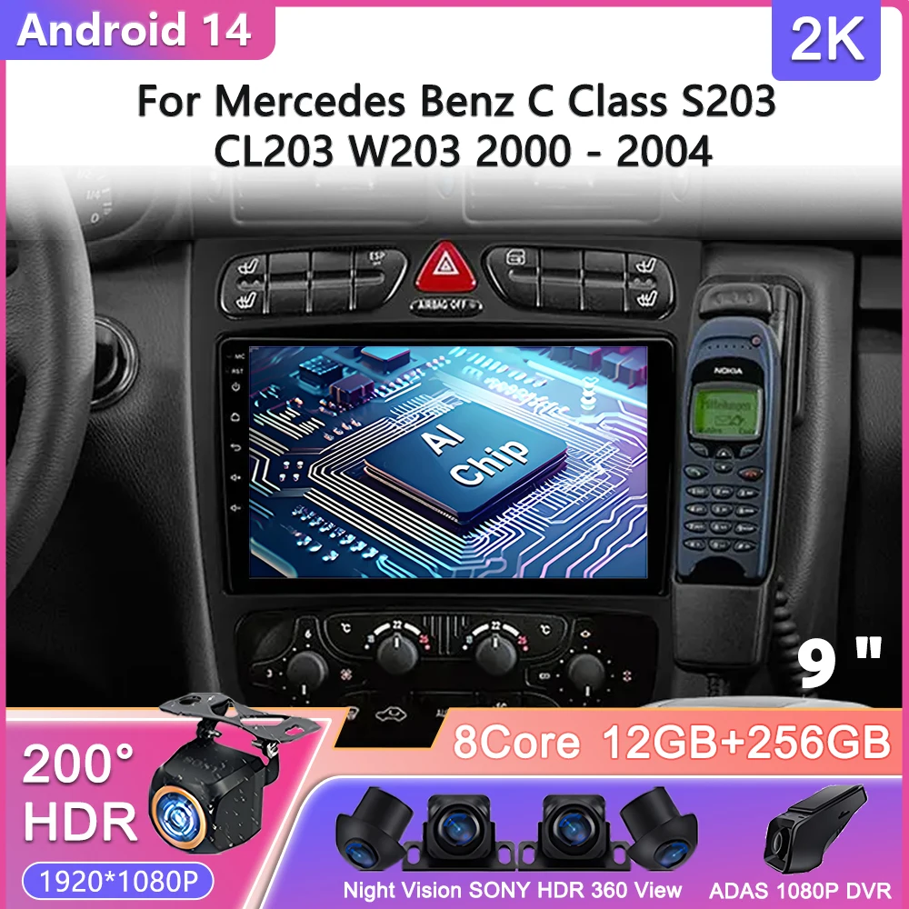 

Android 14 для Mercedes Benz C Class S203 CL203 W203 2000-2004 Автомобильный радиоприемник Мультимедийный видеоплеер Навигация GPS Без 2Din DVD