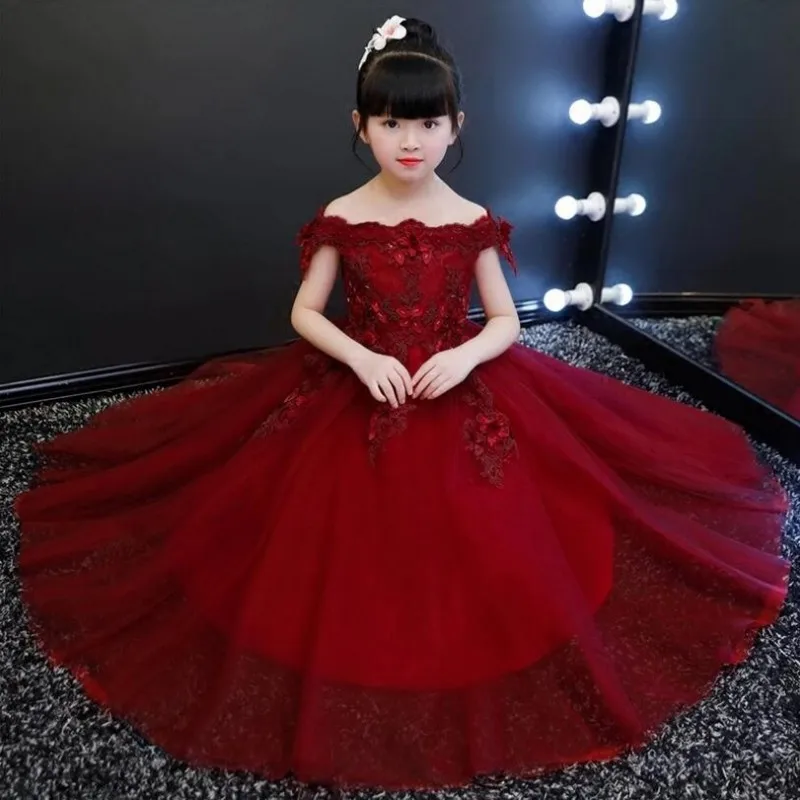 New Girl Wedding Dress Elegant Red Lace Shoulderless First communion Dresses Girl Party Princess Flower Girl Vestidos