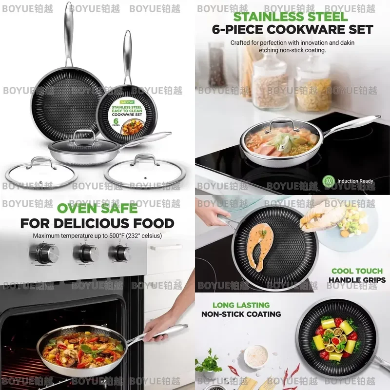 Nonstick Tri Ply Cookware Set 6 Piece PFOA Free Pots and Pans Kitchen Cooking Essentials Durable Stainless Steel Induction