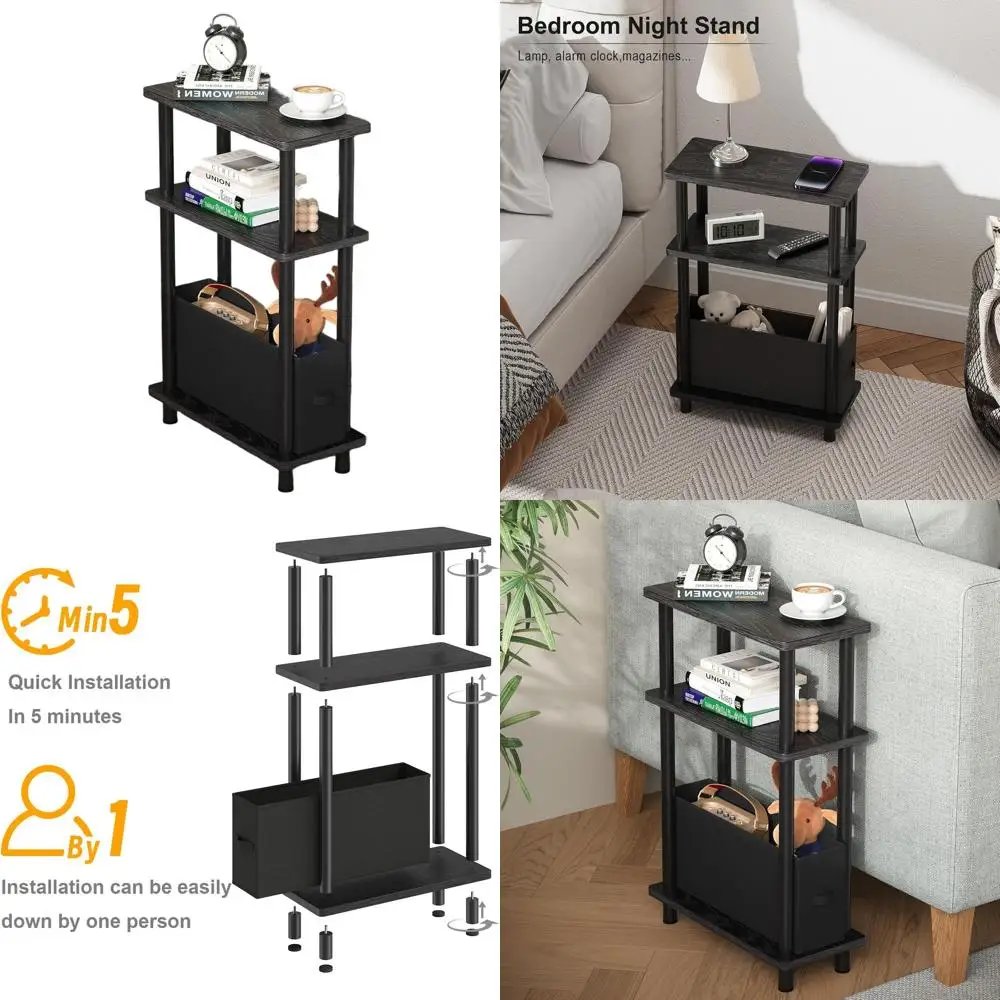 

Compact 3-Tier End Table with Fabric Basket, Sleek Nightstand for Small Spaces, Ideal for Living Room and Bedroom, Black