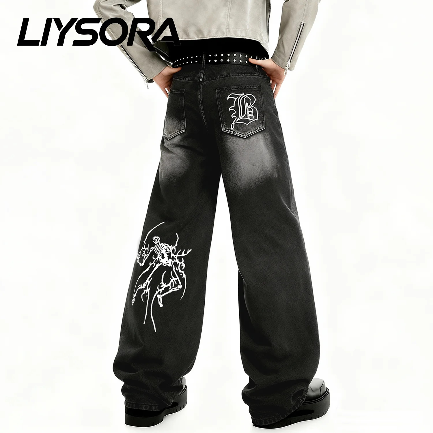 

Мужские мешковатые широкие джинсы с принтом аниме, американские ретро-готические мужские и женские свободные прямые джинсовые брюки, уличная одежда унисекс