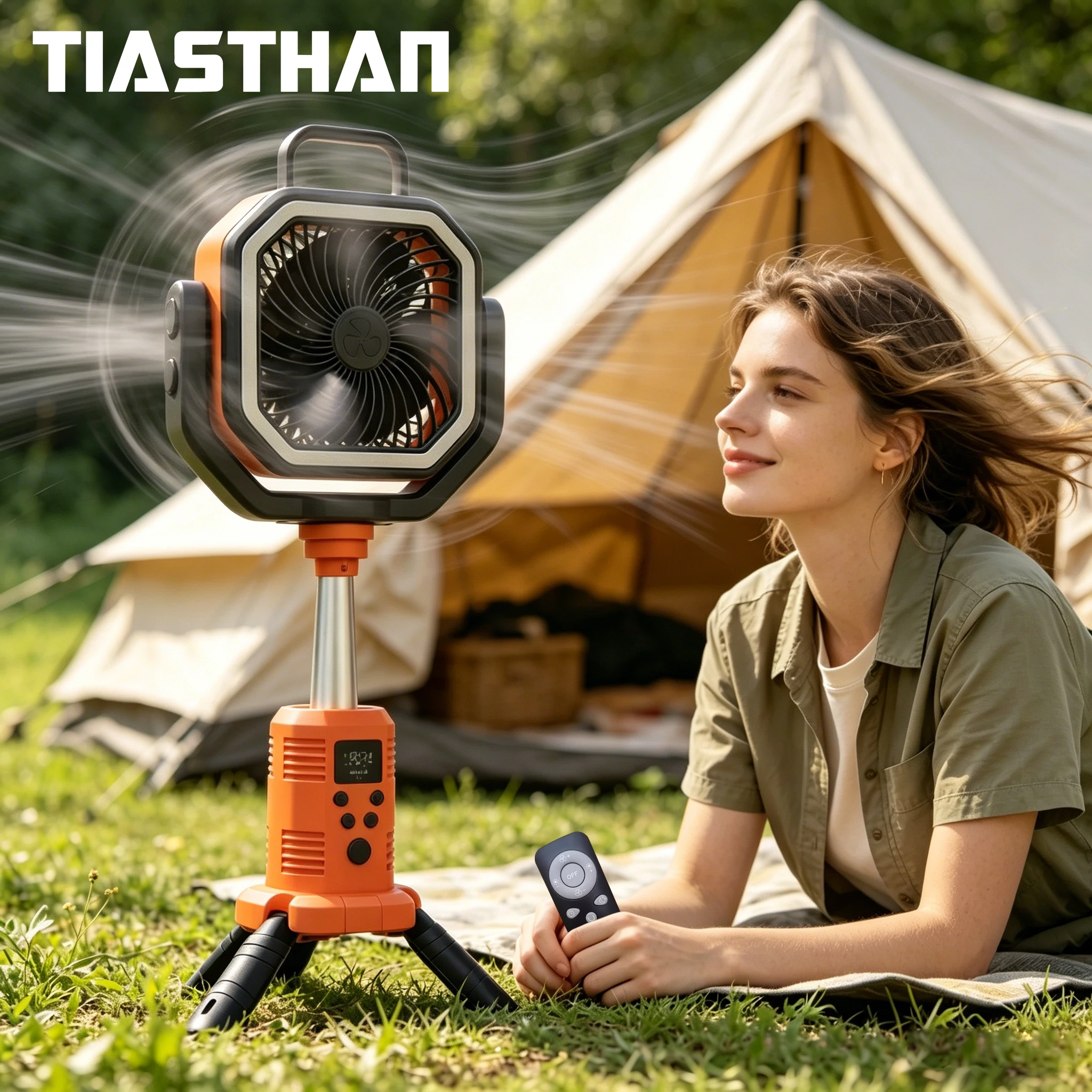 Ventilador Portátil para Camping de 30000mAh com Luz, 4 Velocidades de Ventilação, Suporte Tripé para Uso Externo, com 3 Luzes LED Brilhantes, Ventilador de Mesa com Carregamento USB