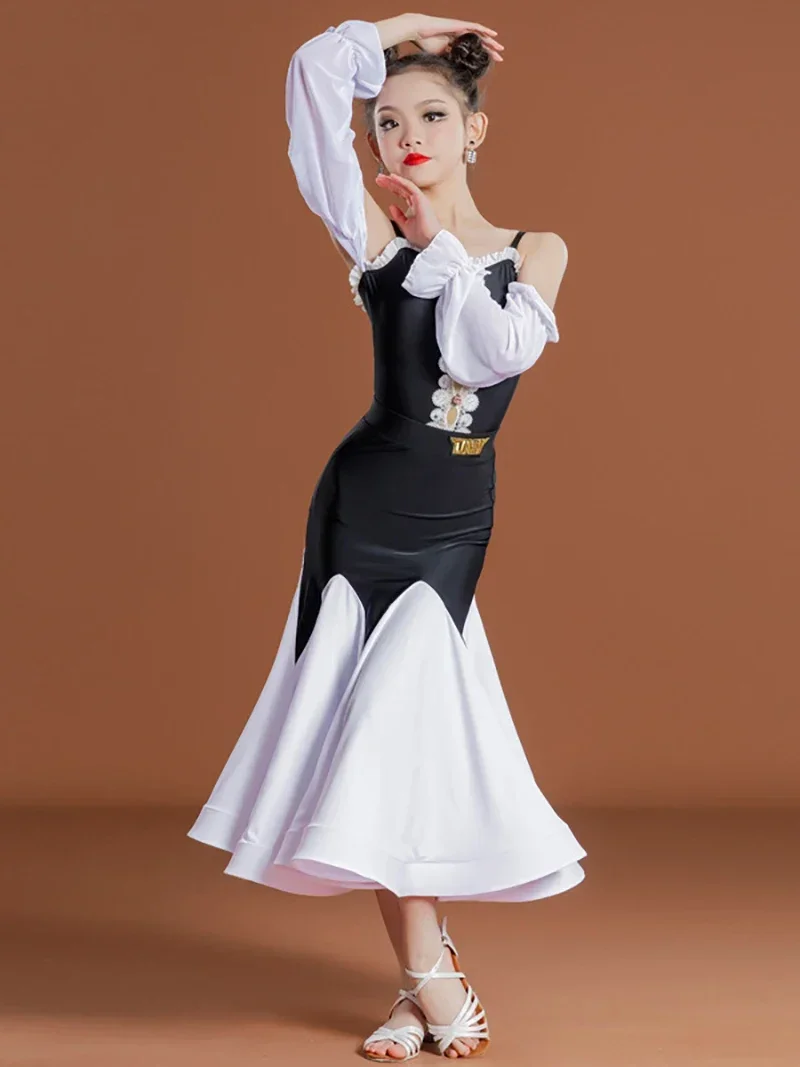 Latin Dance Dress Clothes Kids Long Sleeve Tops Skirt Women Girls Ballroom Tango Costume Cha Cha Rumba Performance Dancewear