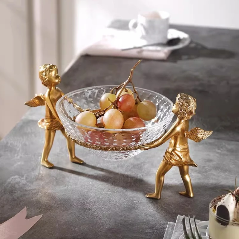 European luxury brass angel fruit bowl imported crystal fruit bucket decoration living room home ornament snack candy storage