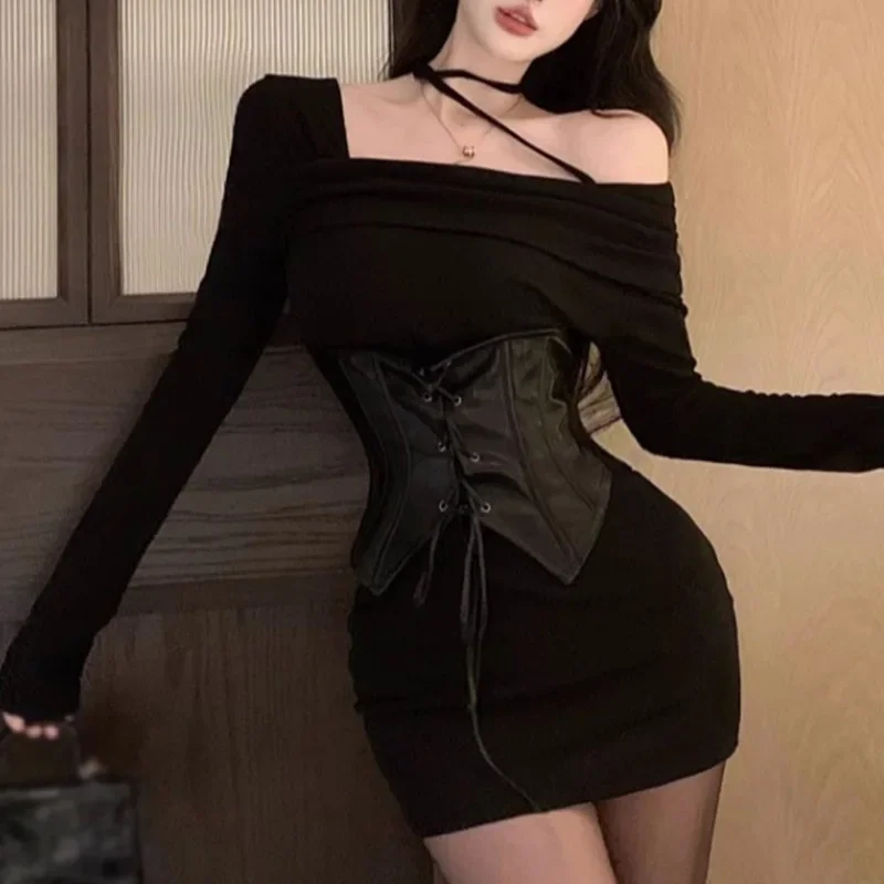 Women Dress Spring Autumn Halterneck One-Shoulder Tight Sexy Long Sleeve Design Sense Corset Tie Hip Wrap Dress