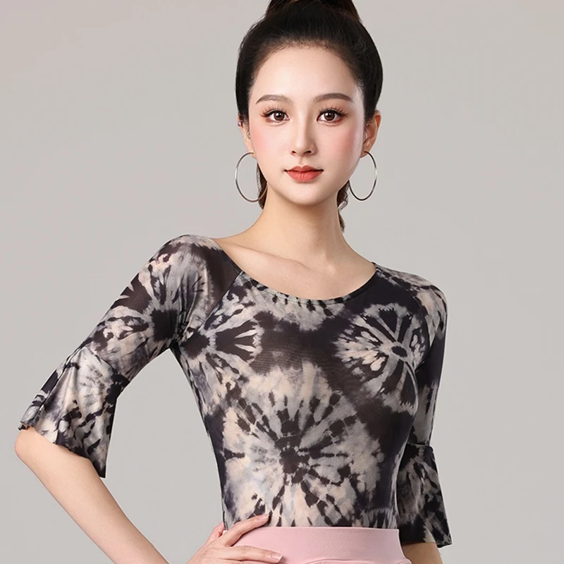 2025 dança latina topo feminino padrão nacional dança impressão manga curta topo chacha rumba tango trajes de dança moderna dql10627