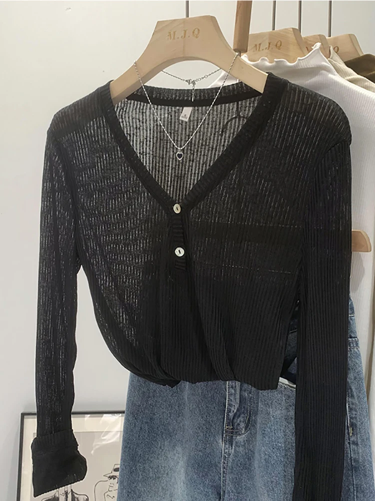 Black Long Sleeve T-shirt For Women V Neck Button Tshirts Sexy Slim Korean Thin Spring Summer White Tops Basic Tee Shirt Clothes