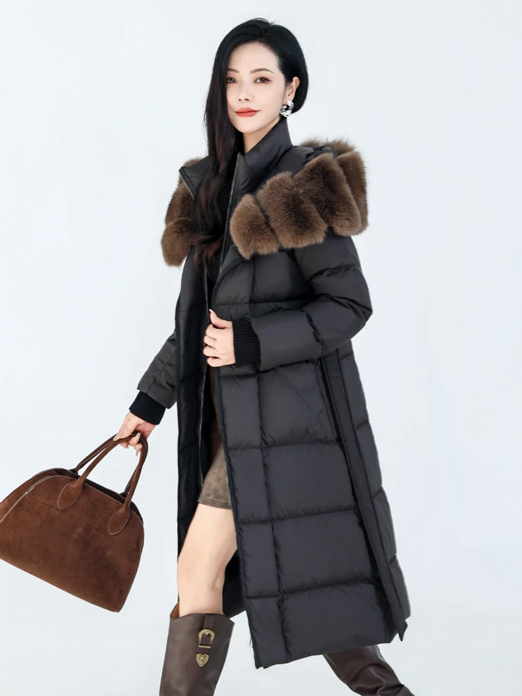 Luxuriöse Daunenjacke mit echtem Pelzkragen und Schärpen für Damen, 2026, Winter, warm, langer Gänsedaunenmantel mit Kapuze, schmal, warm, INKEO DJ 633