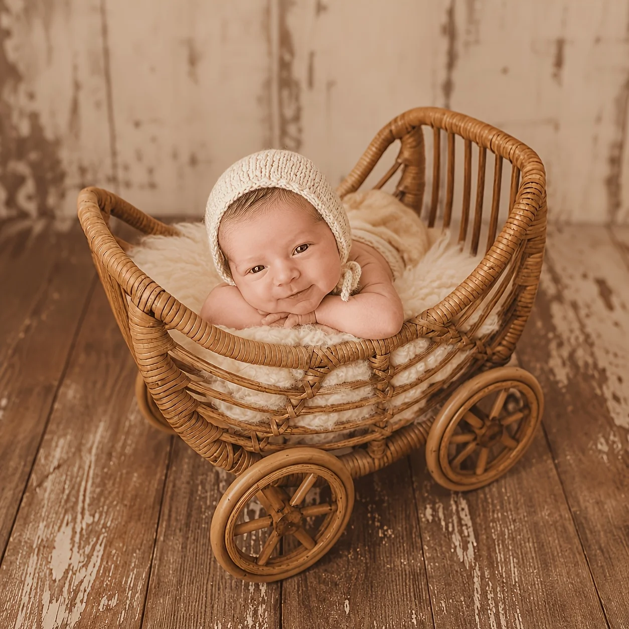 Vintage Rattan Newborn Photography Prop Stroller Handmade Wicker Baby Photoshoot Bed Rustic Studio Posing Cart Prop Portraits