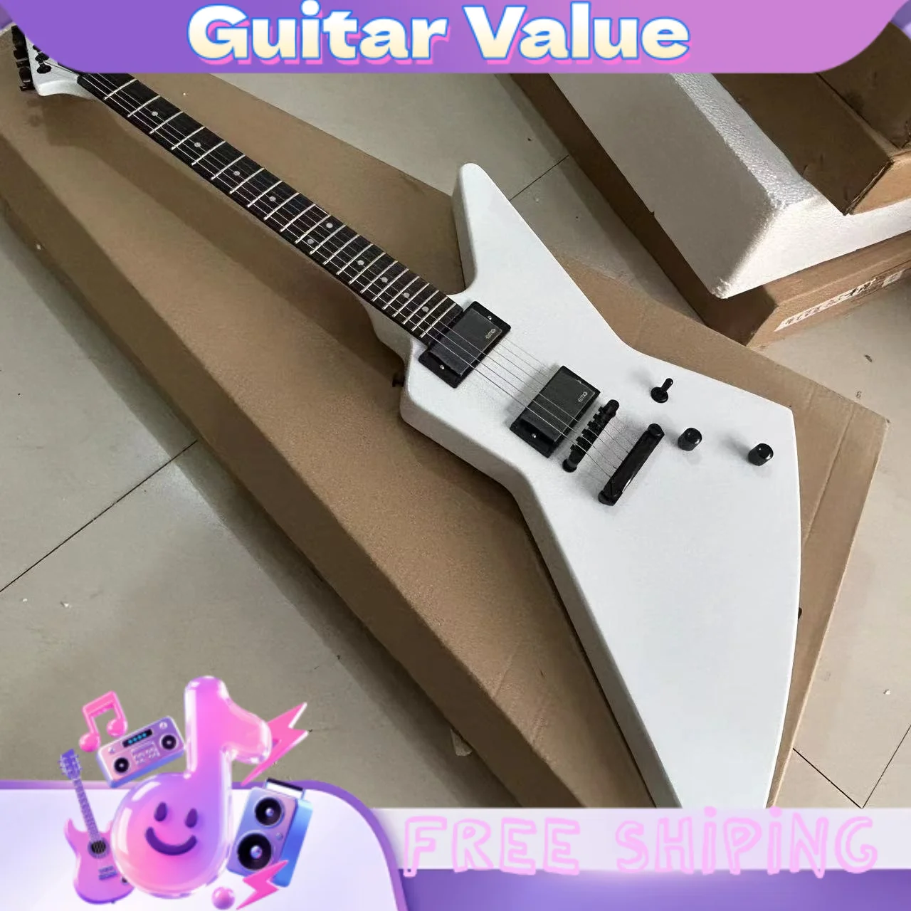 White Shaped Electric Guitar Alien-Shaped Rock Guitar Mahogany Body Maple Fingerboard HH Pickups 22 Tone Dot Fingerboard Inlays view 3