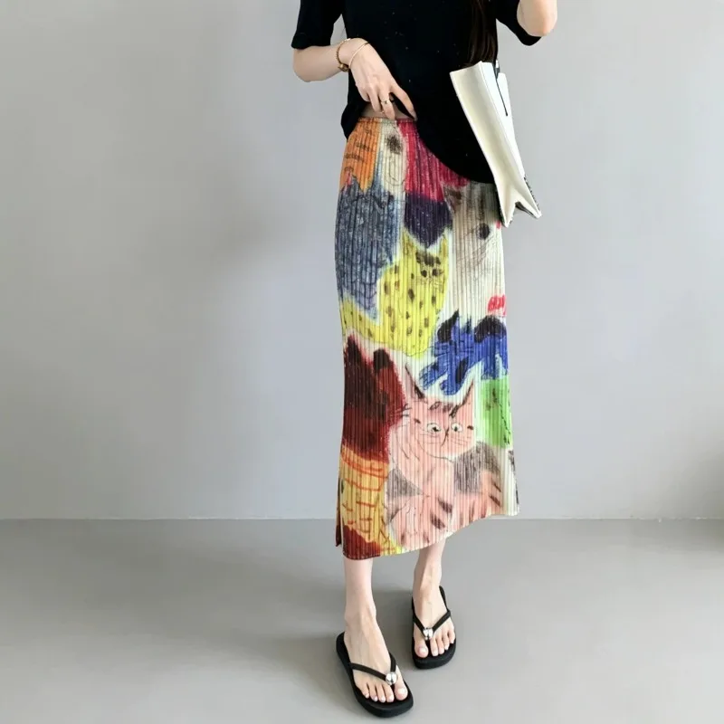 Miyake Pleated New 2026 Summer Skirt High Waist Printed Loose Slimming Bodycon Skirt Dopamine Versatile Straight Skirt Pleat
