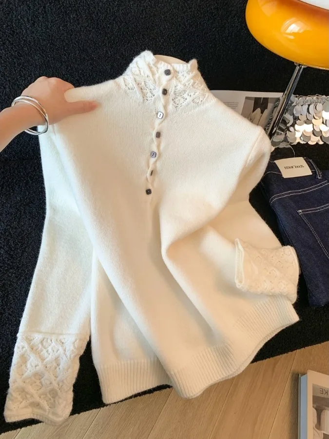 

Корейский женский утепленный свитер с высоким воротником и ажурным дизайном, базовый слой, уникальный, универсальный, модный, зимний