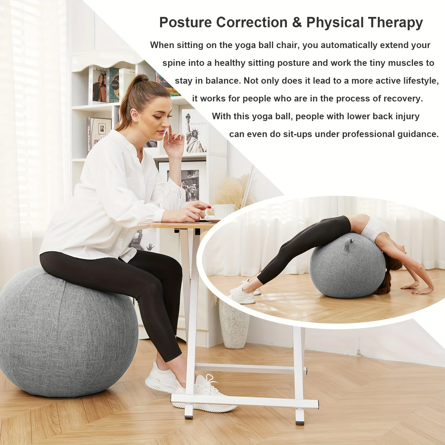 Comfortable Exercise Ball Chair with Fabric Cover, 65cm Pilates Yoga Ball Seat for Home Office Desk - Helps Relieve Back Pain, I