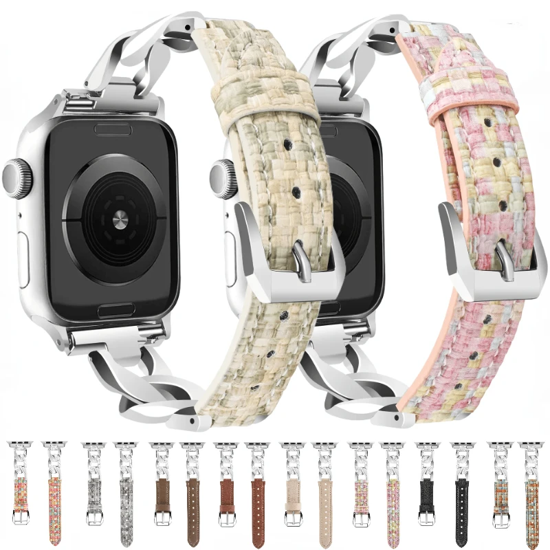 

Metal+Leaher Strap for Apple Watch Band 49mm 45mm 44mm 42mm 40mm 41mm 38mm Diamond Bracelet iWatch Series Ultra 9 8 7 6 5 4 3 SE