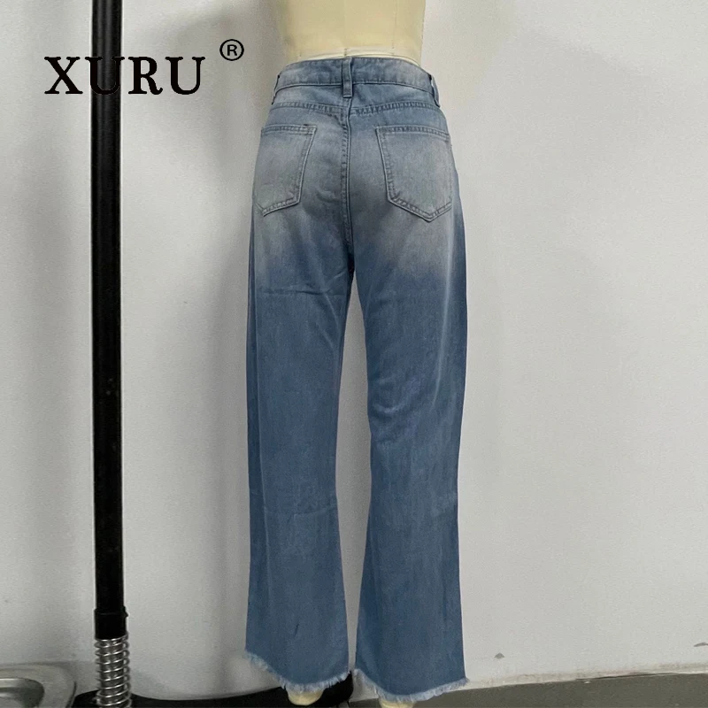 XURU - New women's ripped cropped jeans, y2k loose straight leg light colored long jeans, men's pants