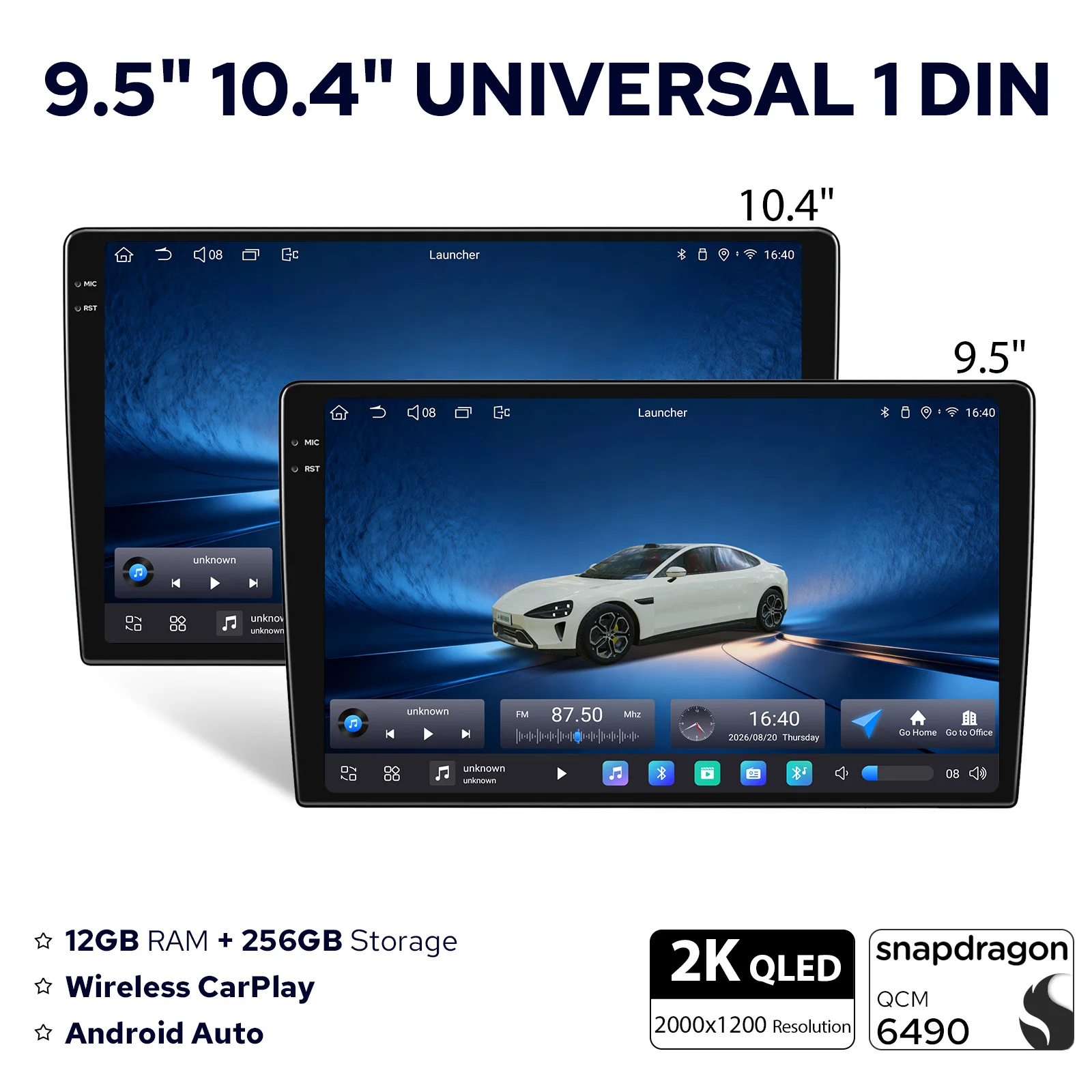 12GB+256GB 10.4 Inch Car Radio 2K QLED 2000*1200 Universal Stereo Android Multimedia System Wireless CarPlay HDMI In/Out Type-C