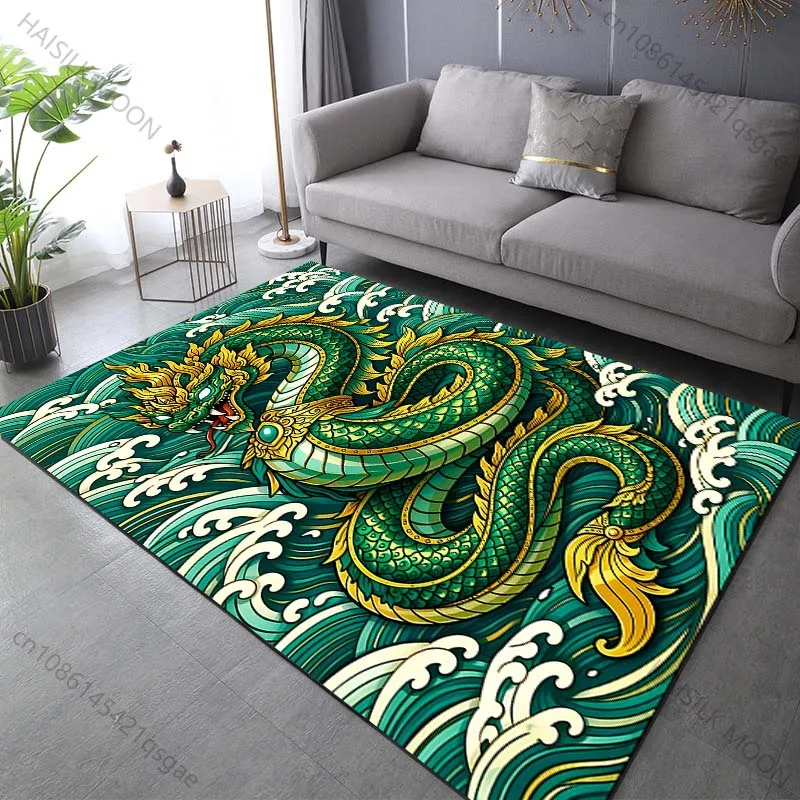 

Ковер с изображением зеленого дракона и волнистым фоном, несколько размеров, для гостиной, спальни, домашнего декора, нескользящий напольный коврик, роскошный подарок