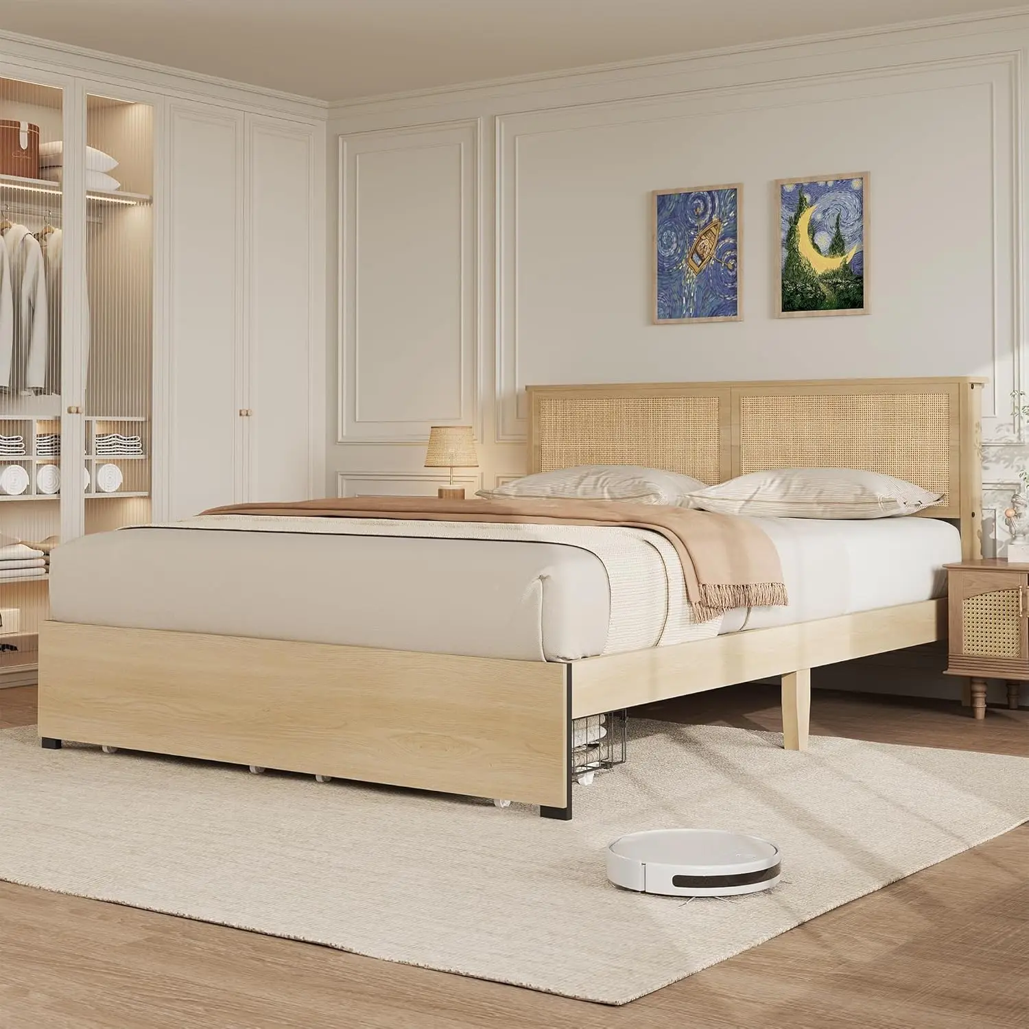 Rattan Bed Frame with Headboard, Boho Cane Platform Bed Fram