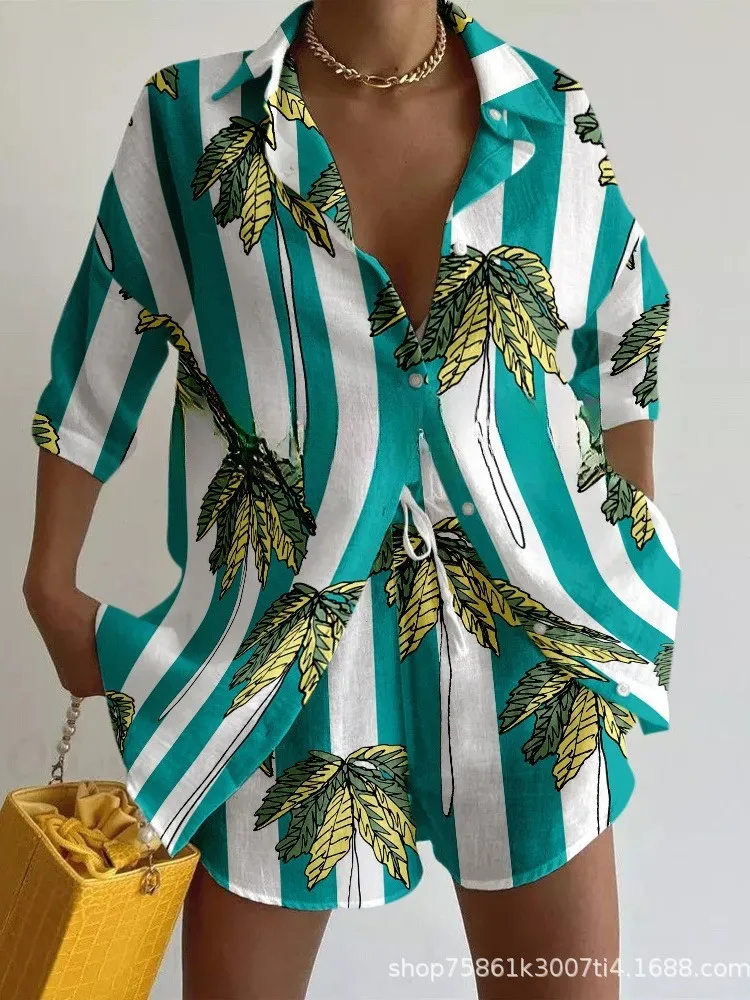 

Summer Fashion Print Casual Two-piece Sets Women Spring Lapel Buttons Shirt & Lace-up Shorts Outfit Female 3/4 Sleeve Loose Suit