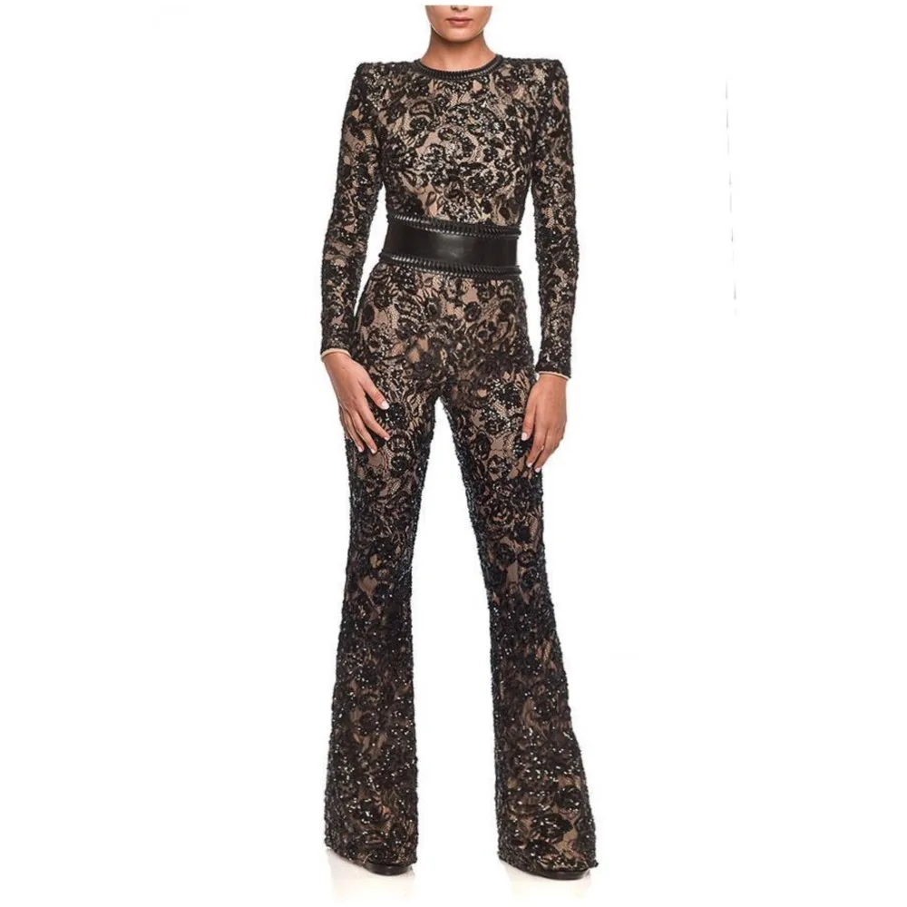Mono adelgazante de encaje a la moda para mujer, novedad de otoño, Color sólido, encaje, abrazando la cadera, pantalones largos acampanados elegantes, mono femenino 2025