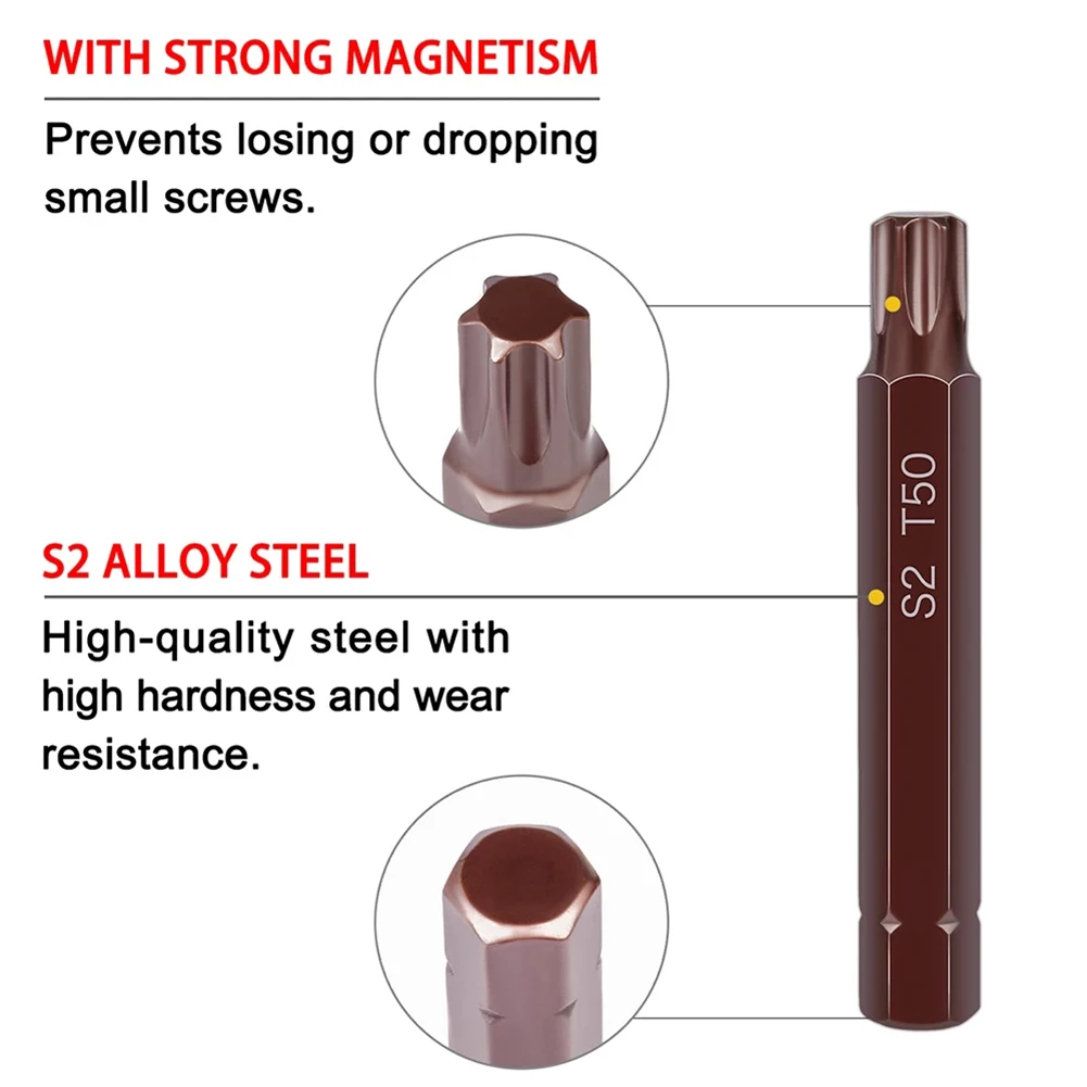 Destornillador Torx magnético, broca de acero, vástago hexagonal de 10mm, 30/75mm, destornillador de impacto, T20/T25/T30/T40/T45/T50/T55, 1 unidad